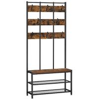 Perchero con zapatero, Perchero con banco para zapatos, con 8 ganchos de doble capa, 2 estantes, para entrada, Dormitorio, Marco de acero, Estilo industrial, Marrón Rústico y Negro HSR087B01 - details 3
