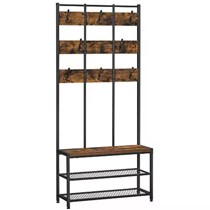 Perchero con zapatero, Perchero con banco para zapatos, con 8 ganchos de doble capa, 2 estantes, para entrada, Dormitorio, Marco de acero, Estilo industrial, Marrón Rústico y Negro HSR087B01 - 1