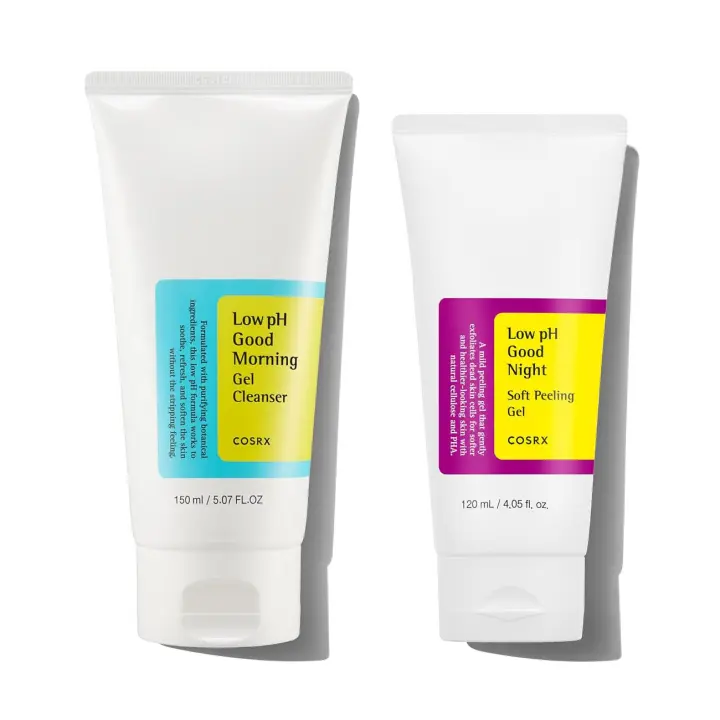 COSRX Skincare Routine: gel limpiador matutino + gel exfoliante suave de pH bajo para buenas noches, limpia y exfolia la piel sensible, PHA, - 1