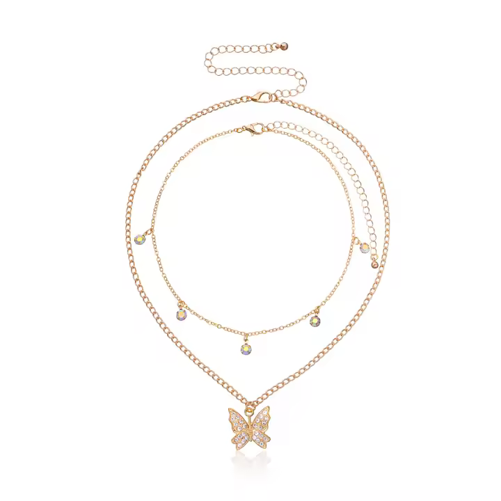 Nuevo producto de moda, collar con colgante de mariposa de diamante completo para mujer, cadena de doble capa, collar Punk con diamantes de imitación - 1
