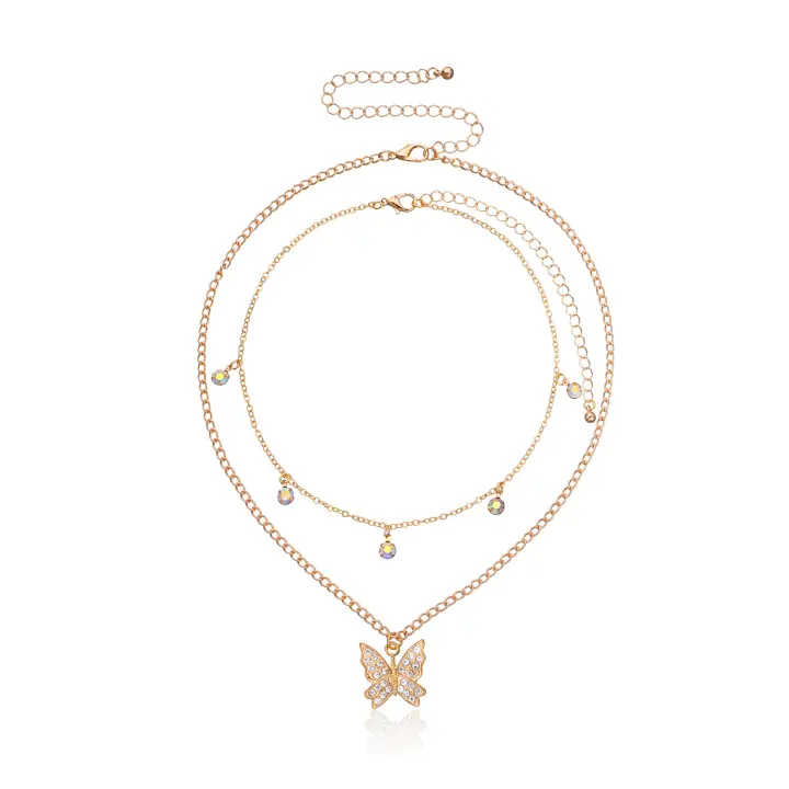Nuevo producto de moda, collar con colgante de mariposa de diamante completo para mujer, cadena de doble capa, collar Punk con diamantes de imitación - 1