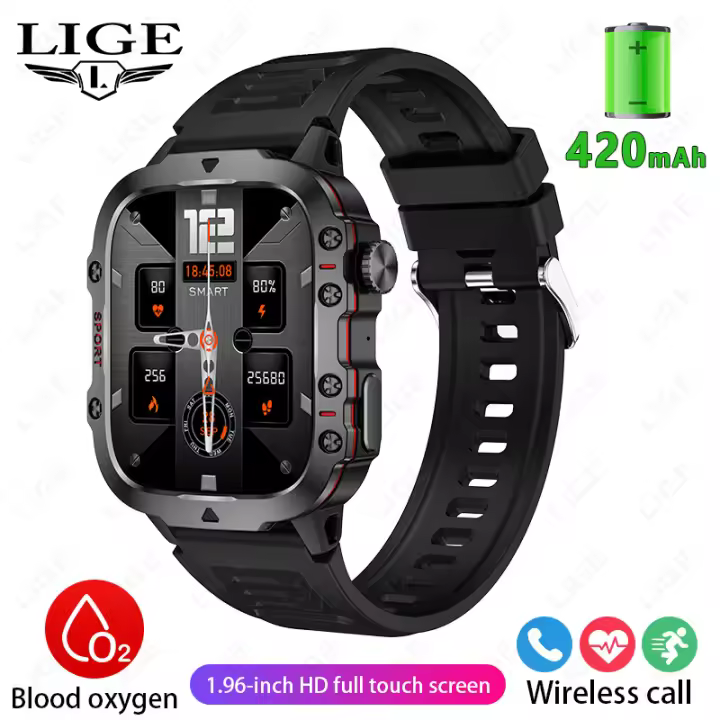 Reloj inteligente masculino 1,96 pulgadas 330 * 282 AMOLED, batería de 420 mAh, reloj de llamada Bluetooth, asistente de voz, exterior, modo 100+sport, rastreador GPS, resistente al agua IP67, monitor de salud las 24 horas, reloj inteligente Android IOS - 1