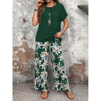 Conjunto de dos piezas de verano, suéter holgado versátil con cuello redondo estampado, atuendo informal para mujer - details 22