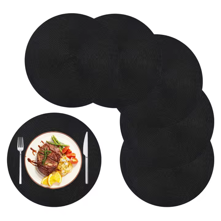 Juego de manteles individuales redondos trenzados de 6 manteles para mesas de comedor, manteles individuales antideslizantes lavables tejidos, 15 pulgadas, color negro de Halloween - 1