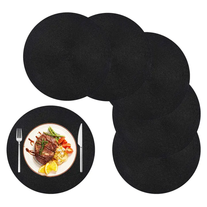 Juego de manteles individuales redondos trenzados de 6 manteles para mesas de comedor, manteles individuales antideslizantes lavables tejidos, 15 pulgadas, color negro de Halloween - 1