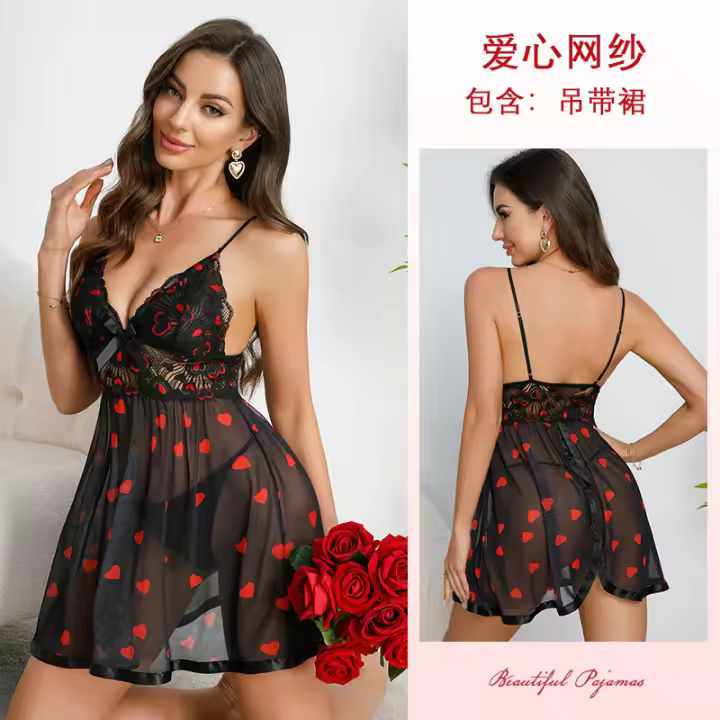 Camisón de encaje transparente negro con estampado de corazones Camisón con tirantes de malla en V profundo Ropa de dormir sexy - 1