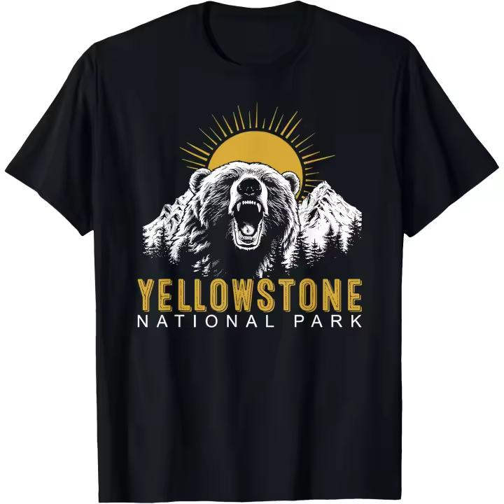 Camiseta Vintage para hombre, camiseta con diseño de oso salvaje y puesta de sol del Parque Nacional Yellowstone - 1