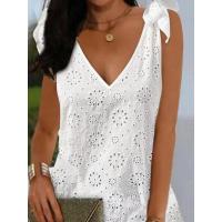 Vestidos elegantes con cuello en V, bordado con ojales, detalle atado, sin mangas, Mini vestido recto, moda de vacaciones, vestido de verano - details 3