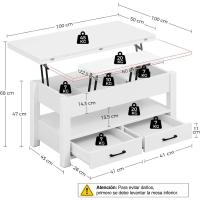 Centro Elevable, Mesa de Salón con Cajón y Compartimento Oculto, Mesas Elevables Modernas Convertibles en Comedor, 100 x 50 cm, Blanco - details 2