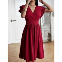Vestido Elegante De Verano Con Cuello En V Y Manga Flor De Polyester Spandex A-Line Para Mujer Estilo Oficina Lady Longitud De Rodilla - details 0
