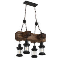 Lámpara colgante vintage industrial de metal y madera, 4 cabezales, pantalla de cristal E27, lámpara de araña de madera vintage - details 9