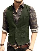 Chaleco de traje para hombre, chaleco informal de lana de tweed con cuello en V, chaleco formal de negocios para padrino de boda para verde/negro/marrón/café - details 8