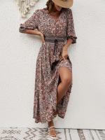 Novedad de verano, vestido bohemio de viaje para vacaciones y playa con cuello en V y mangas tres cuartos con mangas acampanadas y lazo en la cintura - details 4