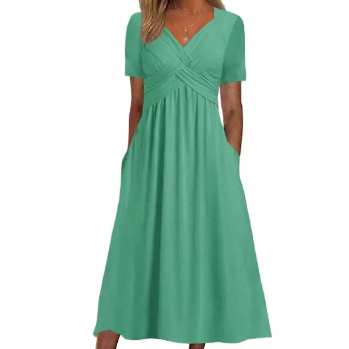 Vestido de manga corta con cuello en v para mujer, moda de verano - 1