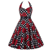 Vintage Women Summer Polka Dot Print Halter Party Dresses - details 86