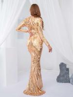 Vestido de fiesta modesto y elegante de noche con lentejuelas elásticas de manga larga hasta el suelo con cuello redondo - details 2
