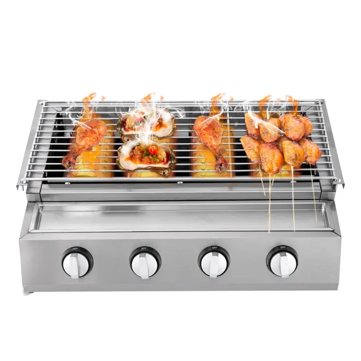 Parrilla a Gas de Acero Inoxidable BBQ para Camping y Picnics con 4 Quemadores Sin Humo Removible y Placa de Aceite - 1