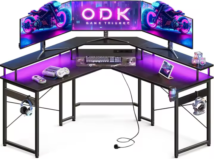 Mesa Gaming con LED, Escritorio Gaming con Enchufes y Puertos USB, Mesa Escritorio Gaming con Soporte para Monitor, Blanco, 129x129 cm - 1