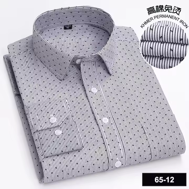 Camisa de manga larga informal de negocios para primavera y otoño a cuadros a rayas de algodón de alto recuento sin hierro y moda ajustada - 1