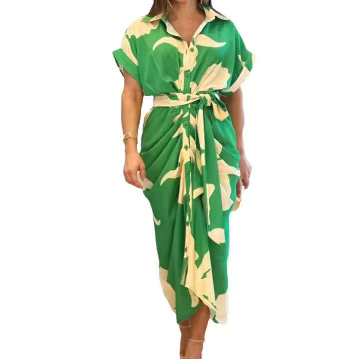 Vestidos largos elegantes para mujer, solapa, cuello en V, manga corta, cintura alta, oficina, Maxi Verde S - 1