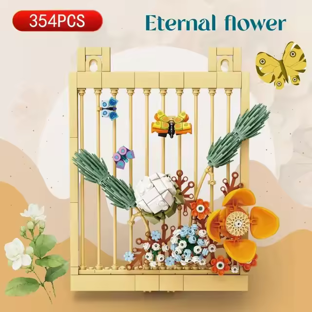 Bloques de construcción de flores eternas para niños, Mural creativo con vista de la calle de la ciudad, ramo, maceta, planta, juguete, modelo, ladrillos, regalo de cumpleaños - 1