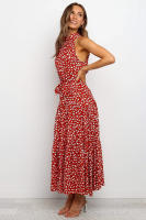 Vestido largo de mujer europea y americana 2025, nuevo vestido con cordones, estampado de lunares y cuello. - details 10