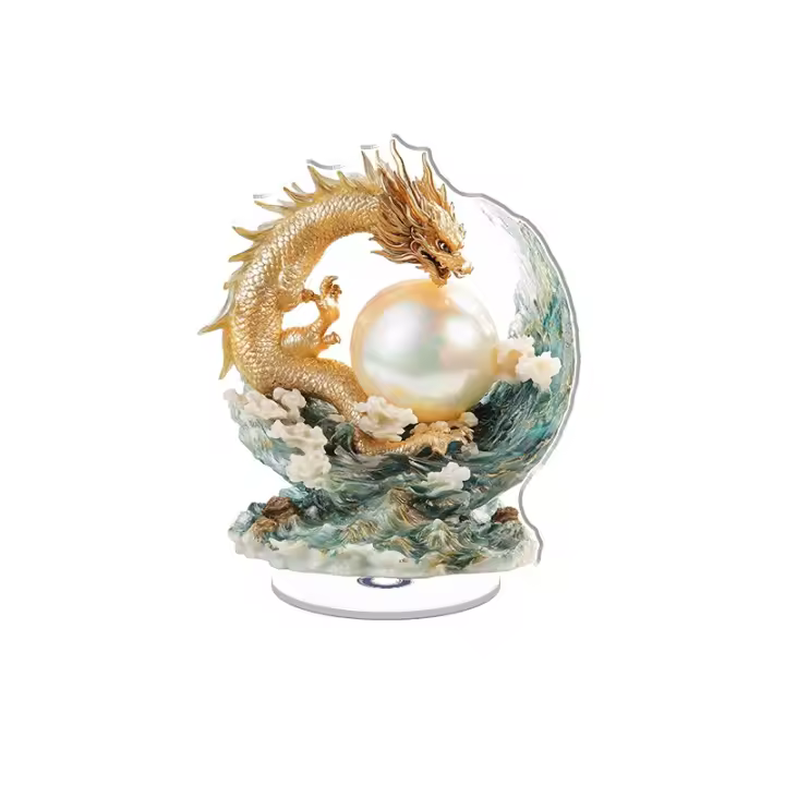 La escultura acrílica giratoria presenta un dragón oriental y una perla luminosa, que muestra escamas exquisitas y una base de montañas y ríos inspirada en la naturaleza. - 1