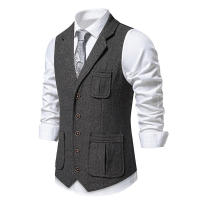 Chaleco de Tweed Grueso de Moda Retro para Hombres Chaleco de Fiesta de Ocio Casual Británico con Múltiples Bolsillos - details 2