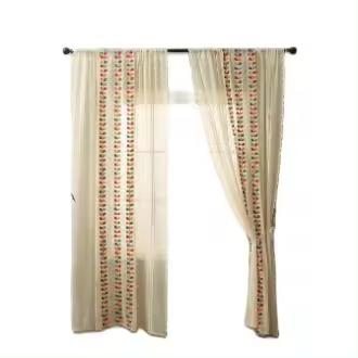 Cortinas de sala estilo rústico en caqui con bordado de hojas de cuatro colores, juego de una pieza para ventana de ángulo - 1