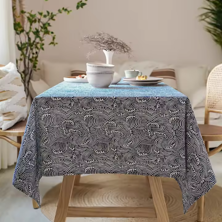 Mantel de Algodón Estilo Japonés Ripple de Mar Azul Lavable Ideal para Mesa de Café y Comedor - 1