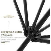 Sombrilla de Jardín Reclinable con Manivela y 6 Varillas de Metal para Terraza Exterior Balcón Crema - details 2