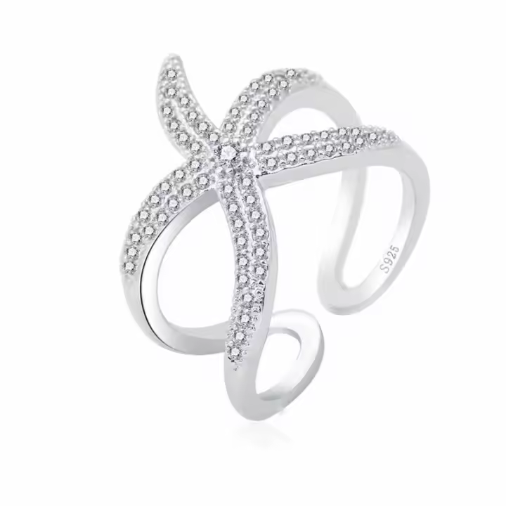 Anillo ajustable de Plata de Ley 925 Original, anillo ajustable con estrella de mar grande pavimentado, cristales blancos brillantes, anillos de apertura, accesorio para mujer - 1
