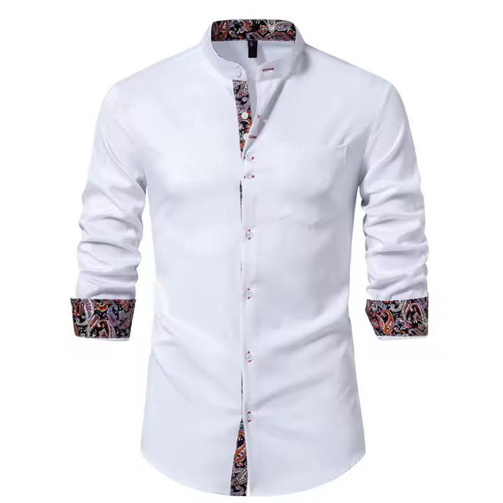 Camisas de vestir con cuello Henry para hombre, camisa de manga larga con contraste informal, esmoquin de negocios para boda y oficina, nueva moda - 1