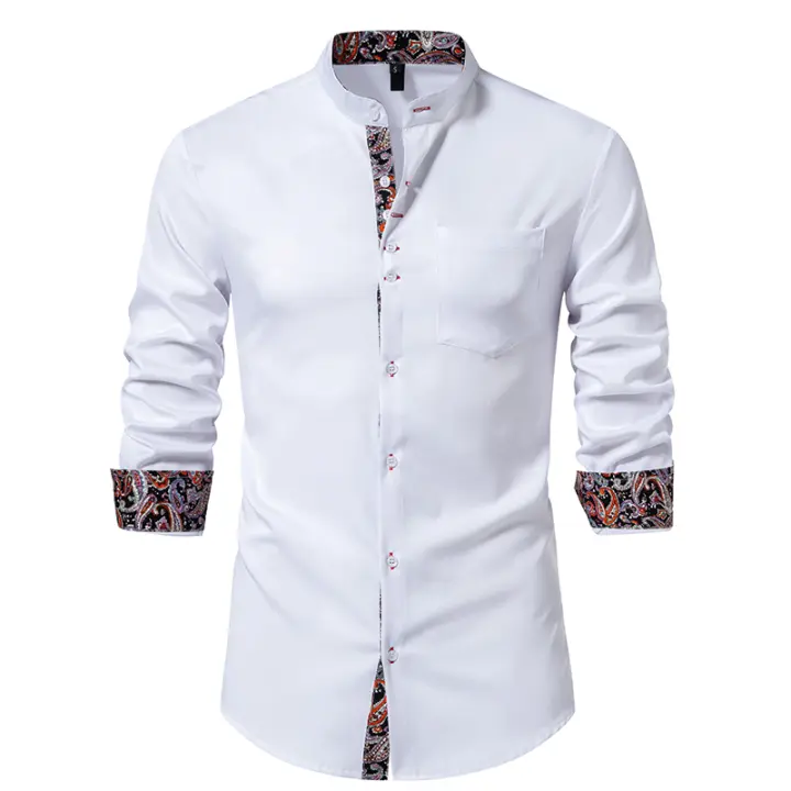 Camisas de vestir con cuello Henry para hombre, camisa de manga larga con contraste informal, esmoquin de negocios para boda y oficina, nueva moda - 1
