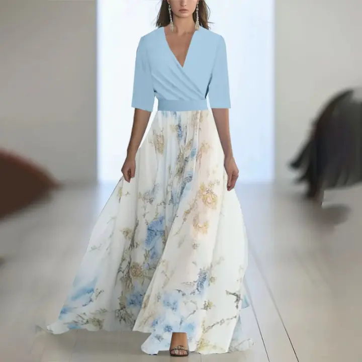 Nueva ropa de mujer, cuello largo con cuentas estampadas, azul - 1