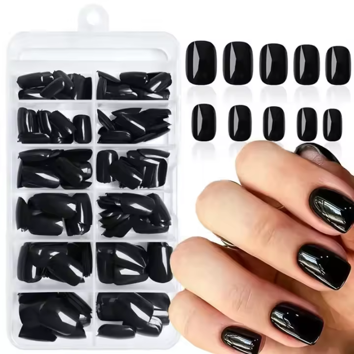 120 negro 12 tamaños, puntas de uñas cuadradas, uñas acrílicas cortas, uñas postizas prensadas - 1