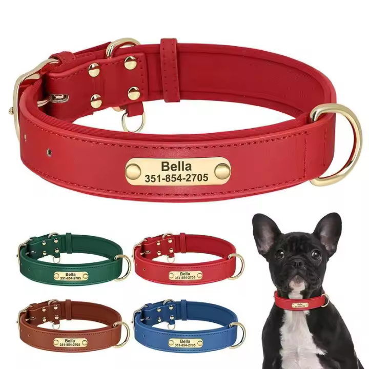 perro cuero PU personalizado, collares acolchados suaves, Collar identificación de mascota grabado gratis para perros pequeños y - 1