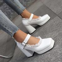 Zapatos de tacón de diseñador para mujer, plataforma impermeable, nuevo estilo, tacón grueso, cabeza cuadrada, boca poco profunda, correa recta - details 0
