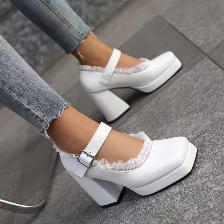 Zapatos de tacón de diseñador para mujer, plataforma impermeable, nuevo estilo, tacón grueso, cabeza cuadrada, boca poco profunda, correa recta - 1