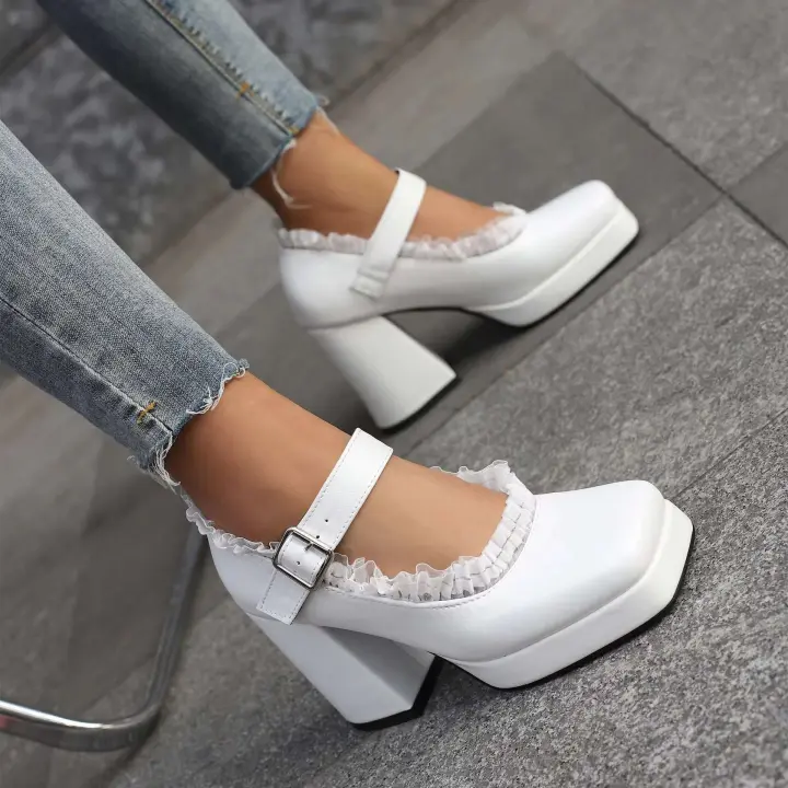 Zapatos de tacón de diseñador para mujer, plataforma impermeable, nuevo estilo, tacón grueso, cabeza cuadrada, boca poco profunda, correa recta - 1