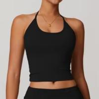 Top deportivo tipo halter sin mangas, ajustado, top corto de yoga para mujer, top de yoga sin espalda con sujetador incorporado y ajuste ceñido. - details 1