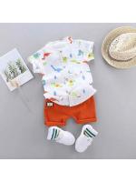 Conjunto de 2 piezas de camisa de manga corta con cuello alto y estampado de dinosaurio de dibujos animados para bebés y niños pequeños - details 1