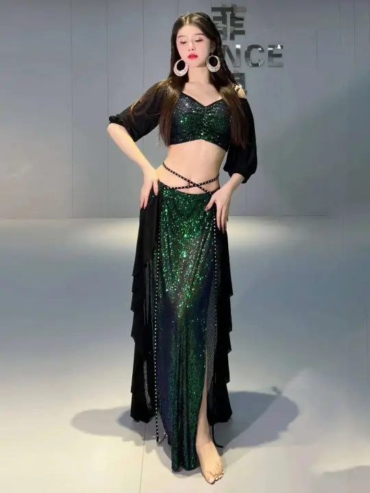 TRE para mujer, top de manga corta + falda larga dividida, conjunto profesional oriental, ropa de práctica de danza del vientre, 2 piezas. - 1