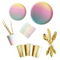 Juego de vajilla de arcoíris para decoración de fiesta de cumpleaños, platos de papel, vasos, servilletas, mantel desechable para Cena - details 0