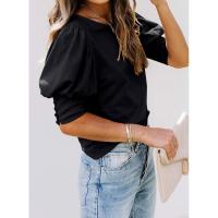 Tops de cuello redondo de color sólido para mujer, ropa informal de moda, camiseta holgada de manga corta de verano para mujer - details 4