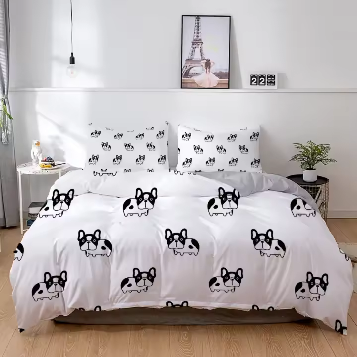 Juego de Ropa de Cama de Bulldog Francés 3 Piezas de Poliéster con Dibujos Animados de Cachorro - 1