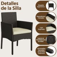 4 Piezas, 1 Sofá 2 Sillones con Cojines y 1 Mesa con Vidrio para Patio/Terraza/Balcón (Marrón/Beige) - details 7