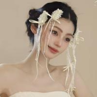 1 par de pinzas para el pelo de novia con estilo coreano, cuentas de perlas blancas, horquilla para novia, tocado de boda con borlas hecho a mano, accesorios para novia - details 4
