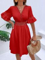 Vestido Blanco Puro de Verano Cintura de Encaje con Parche de Moda Cuello en V Manga Corta - details 13