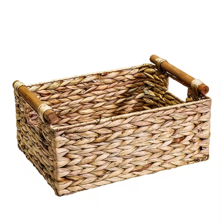 Cesta Rectangular de mimbre con asas de madera para estantes, almacenamiento de jacinto de agua, cestas naturales - 1